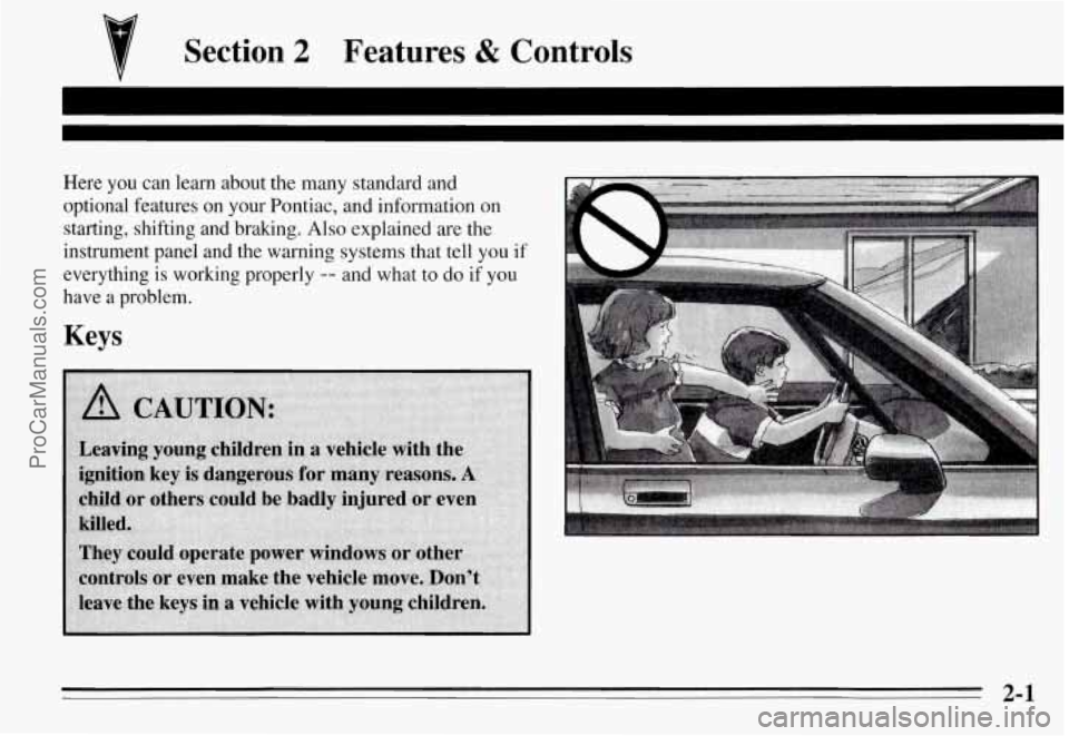 PONTIAC GRAND-AM 1995  Owners Manual 7 Section 2 Features & Controls 
: 
Here  you  can  learn  about the many  standard  and 
optional  features  on  your  Pontiac,  and  information  on  starting,  shifting 
and braking. Also explained