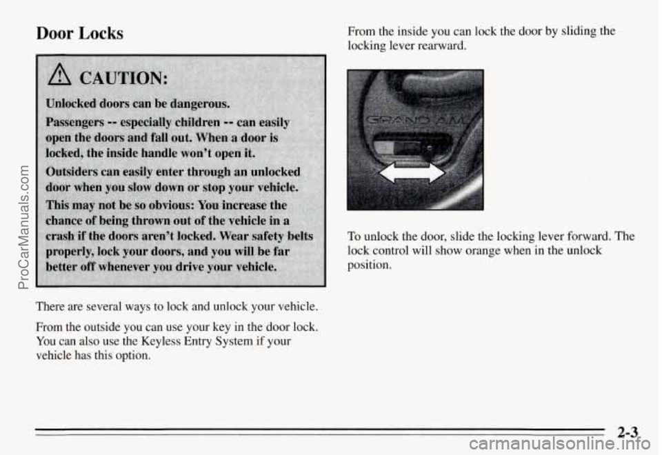 PONTIAC GRAND-AM 1995  Owners Manual Door Locks 
There  are  several  ways  to  lock  and  unlock  your  vehicle. 
From  the  outside  you  can  use  your  key  in  the door lock. 
You can also  use  the  Keyless  Entry  System  if  your