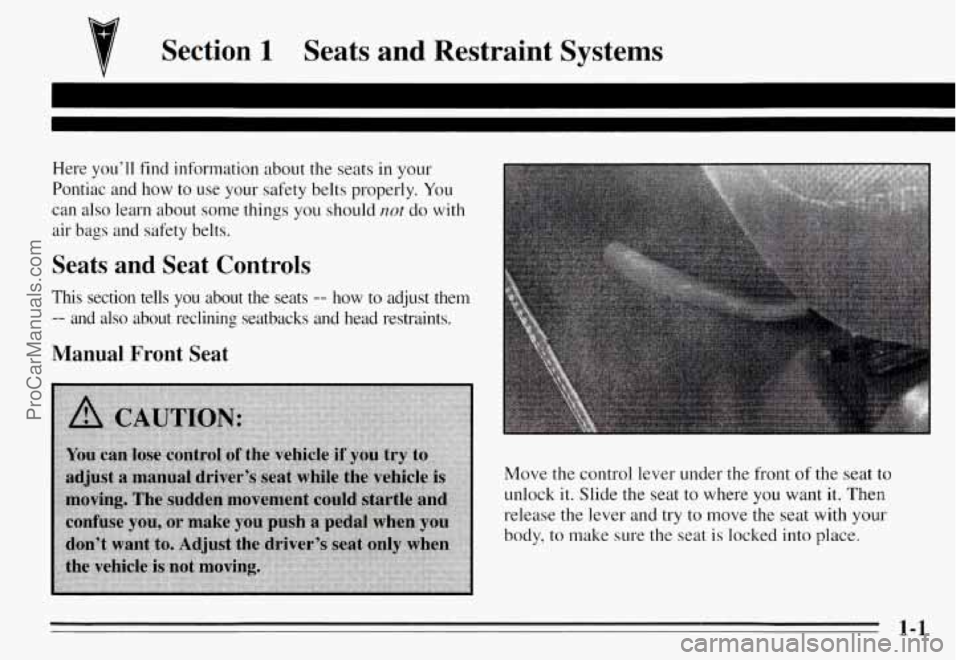 PONTIAC GRAND-AM 1995  Owners Manual Section 1 Seats  and  Restraint  Systems 
Here  you’ll  find  information  about  the seats in  your 
Pontiac  and  how  to  use  your  safety  belts  properly.  You 
can  also  learn  about  some  