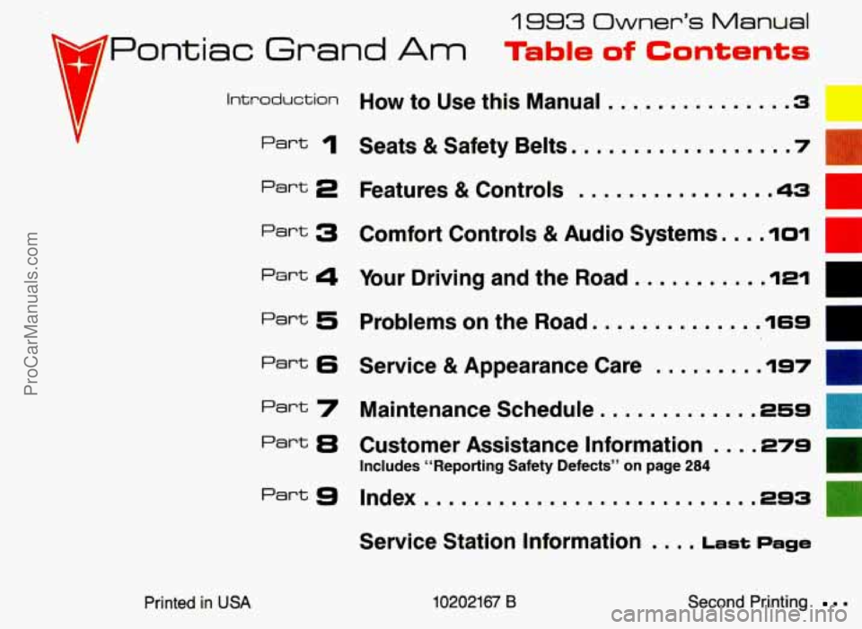 PONTIAC GRAND-AM 1993  Owners Manual 1993 Owner’s Manual 
Table of Contents Pontiac Grand Am 
Introduction How  to  Use this  Manual .............. .3 
Part 1 Seats &Safety  Belts. ................ .7 
Part 2 Features & Controls ......