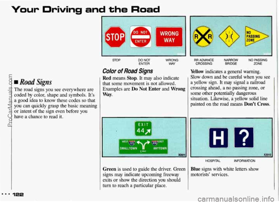 PONTIAC GRAND-AM 1993 Owners Manual Your Driving and the Road
rn Road Signs
The road signs you see everywhere are
coded by color, shape and symbols. It’s
a good idea to know these codes
so that
you can quickly gr PONTIAC GRAND-AM 1993 Owners Manual Your Driving and the Road
rn Road Signs
The road signs you see everywhere are
coded by color, shape and symbols. It’s
a good idea to know these codes
so that
you can quickly gr