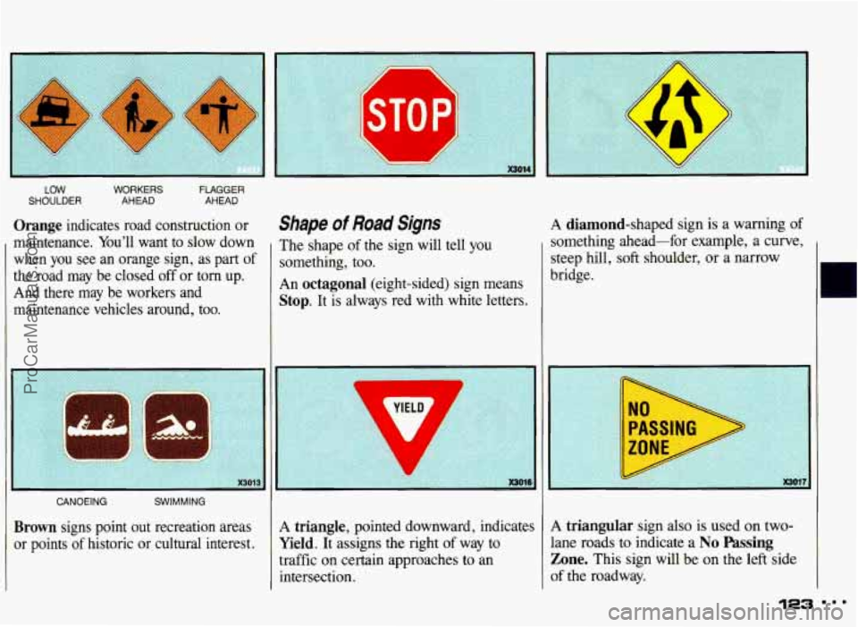 PONTIAC GRAND-AM 1993  Owners Manual LOW 
SHOULDER  WORKERS 
AHEAD  FLAGGER 
AHEAD 
Orange  indicates  road  construction  or 
maintenance.  You’ll  want 
to slow  down 
when  you  see  an  orange  sign,  as  part 
of 
the  road  may  