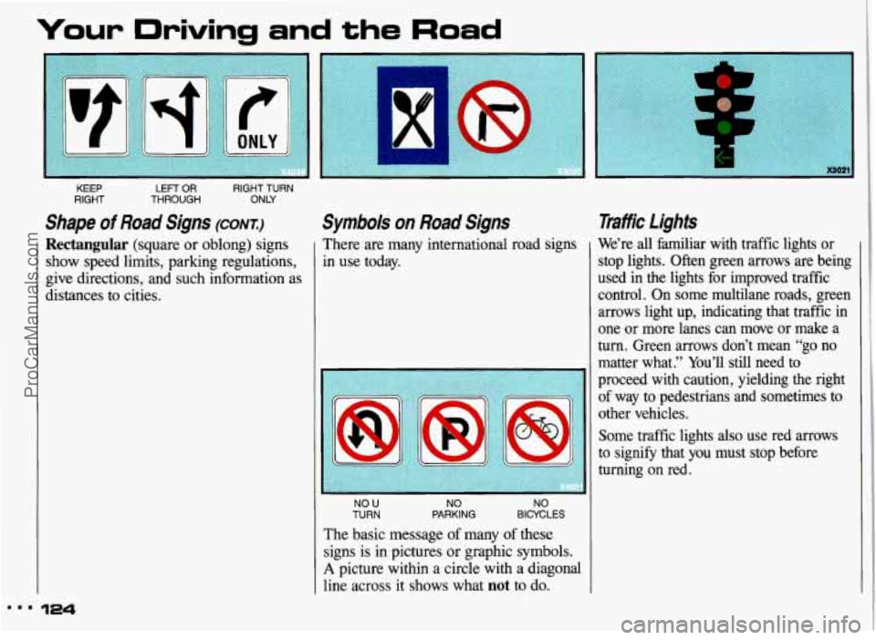 PONTIAC GRAND-AM 1993  Owners Manual ‘Your  Driving and the Road 
KEEP LEFT OR RIGHT  TURN 
RIGHT  THROUGH  ONLY 
Shape of Road Signs (CONI) 
Rectangular (square 
or oblong)  signs 
show  speed  limits,  parking regulations, 
give  dir