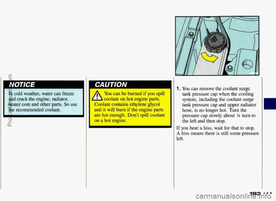 PONTIAC GRAND-AM 1993  Owners Manual NOTICE 
A 
You can be  burned if you spill 
coolant  on  hot  engine 
parts. 
Coolant  contains  ethylene  glycol 
and it  will  burn if the  engine  parts 
are  hot  enough.  Don’t spill  coolant 
