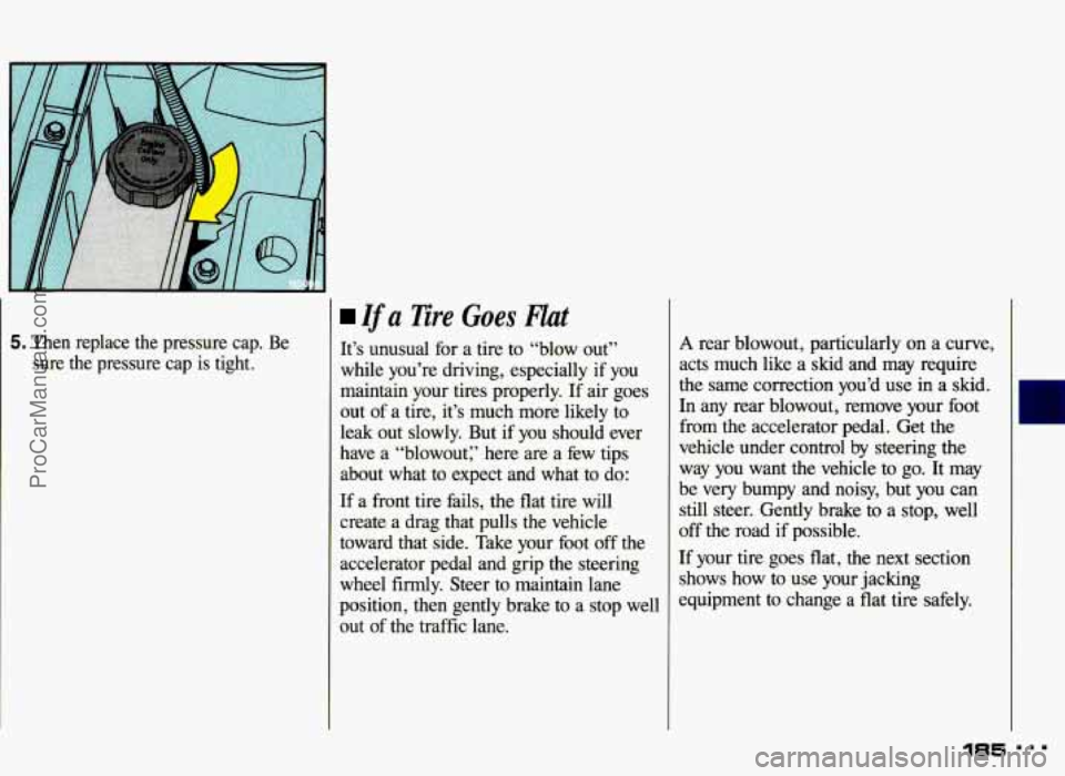 PONTIAC GRAND-AM 1993  Owners Manual 5. Then  replace  the  pressure  cap.  Be sure  the  pressure  cap  is  tight. 
Ifa 3iii.e Goes Hat 
It’s  unusual  for  a  tire to “blow  out” 
while  you’re  driving, especially 
if you 
mai