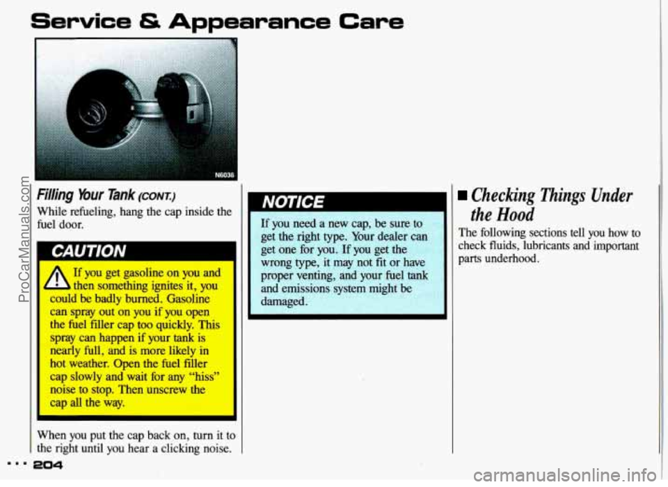 PONTIAC GRAND-AM 1993  Owners Manual Service & Appearance Care 
Filling  Your  Tank  CON^) 
While  refueling,  hang  the  cap  inside  the 
fuel  door. 
A If you get gasoline on you and 
- then something ignites it, you 
could be badly b