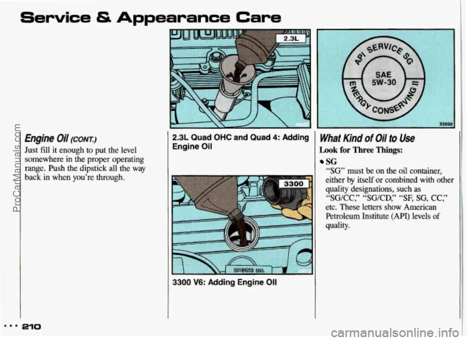 PONTIAC GRAND-AM 1993 Owners Manual Service & Appearance Care
Engine Oil (CONTI
Just fill it enough to put the level
somewhere
in the proper operating
range. Push the dipstick
all the way
back
in when you’re through.
2.3 PONTIAC GRAND-AM 1993 Owners Manual Service & Appearance Care
Engine Oil (CONTI
Just fill it enough to put the level
somewhere
in the proper operating
range. Push the dipstick
all the way
back
in when you’re through.
2.3