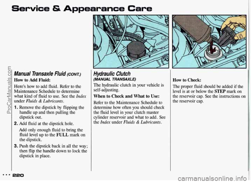 PONTIAC GRAND-AM 1993  Owners Manual Service & Appearance Care 
Manual Transaxle Fluid (CONI) 
How to Add Fluid: 
Here’s  how  to  add  fluid.  Refer  to  the 
Maintenance  Schedule  to  determine 
what  kind 
of fluid  to  use.  See  