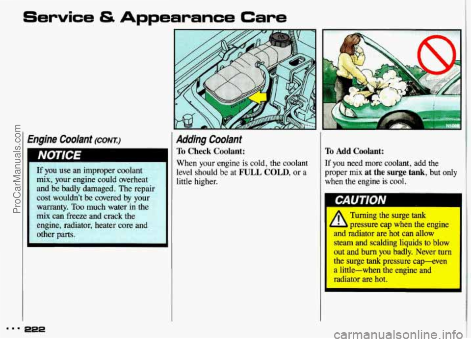 PONTIAC GRAND-AM 1993  Owners Manual Service & Appearance Care 
I Engine  Coolant (CONI) 
If you use an improper coolant 
mix,  your  engine  could  overheat 
and  be  badly  damaged.  The reDair 
cost  wouldn’t  be  covered  by 
yo 
w