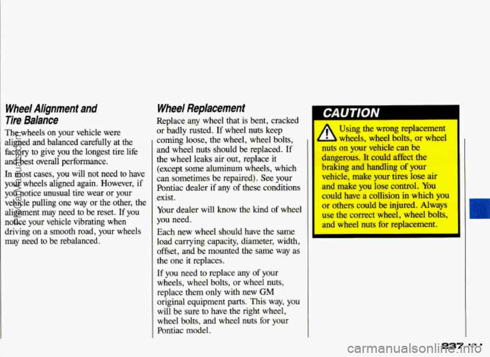 PONTIAC GRAND-AM 1993  Owners Manual Wheel  Alignment  and 
Tire  Balance 
The  wheels on  your  vehicle  were 
aligned  and  balanced  carefully  at 
the 
factory  to  give you the  longest  tire  life 
and  best  overall  performance. 