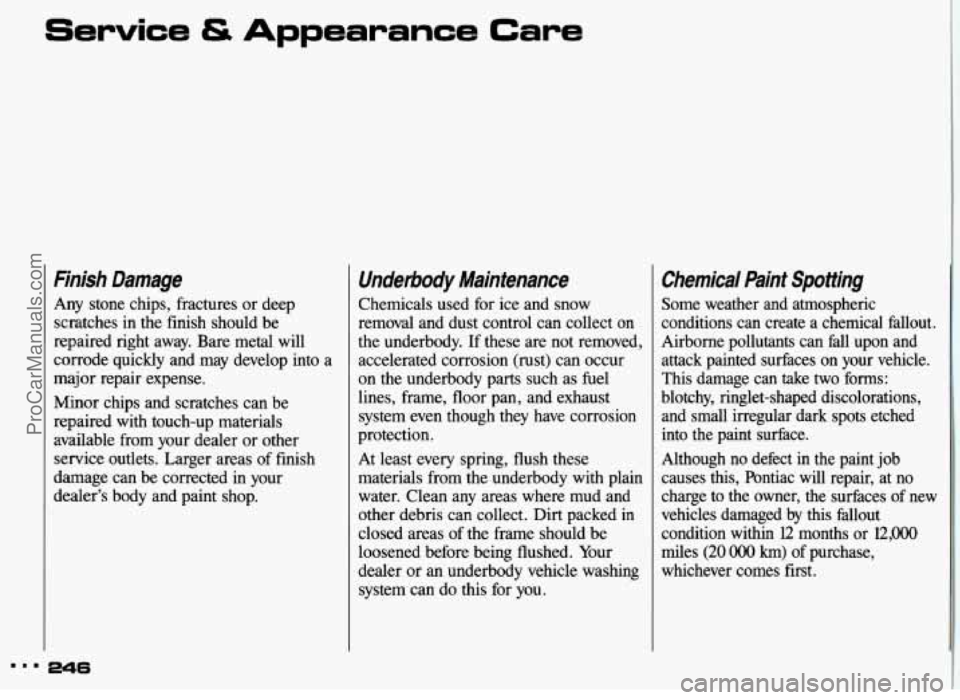PONTIAC GRAND-AM 1993 Owners Manual Finish Damage
Any stone chips, fractures or deep
scratches in the finish should be
repaired right away. Bare metal will
corrode quickly and may develop into a
major repair expe PONTIAC GRAND-AM 1993 Owners Manual Finish Damage
Any stone chips, fractures or deep
scratches in the finish should be
repaired right away. Bare metal will
corrode quickly and may develop into a
major repair expe