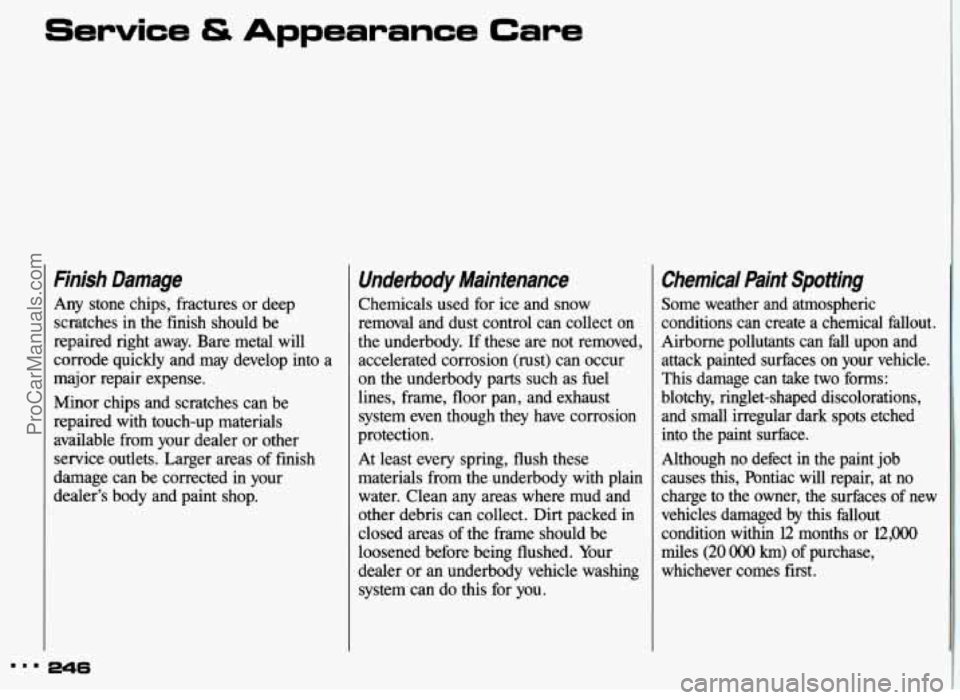 PONTIAC GRAND-AM 1993  Owners Manual Finish  Damage 
Any  stone  chips,  fractures or deep 
scratches  in the  finish  should  be 
repaired  right  away. Bare  metal  will 
corrode  quickly  and  may develop  into  a 
major  repair  expe