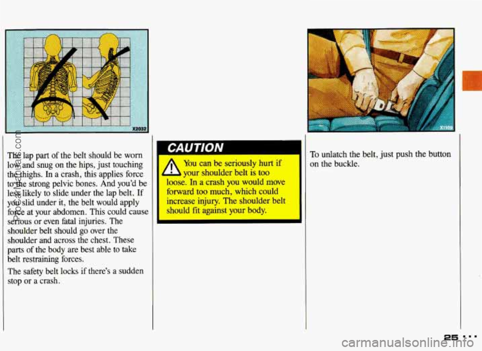 PONTIAC GRAND-AM 1993 Owners Manual I
The lap part of the belt should be worn
low and snug on the hips, just touching
the thighs,
In a crash, this applies force
to the strong pelvic bones. And you’d be
less likel PONTIAC GRAND-AM 1993 Owners Manual I
The lap part of the belt should be worn
low and snug on the hips, just touching
the thighs,
In a crash, this applies force
to the strong pelvic bones. And you’d be
less likel