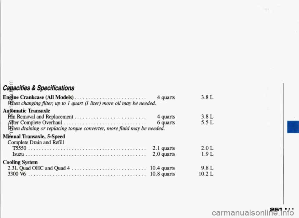 PONTIAC GRAND-AM 1993 Owners Manual Capacities & Specifications
Engine Crankcase (All Models) .......................... 4 quarts
Automatic Transaxle
Men changing Jilter, up to I quart (I liter) more oil may be needed.
Pan Rem PONTIAC GRAND-AM 1993 Owners Manual Capacities & Specifications
Engine Crankcase (All Models) .......................... 4 quarts
Automatic Transaxle
Men changing Jilter, up to I quart (I liter) more oil may be needed.
Pan Rem