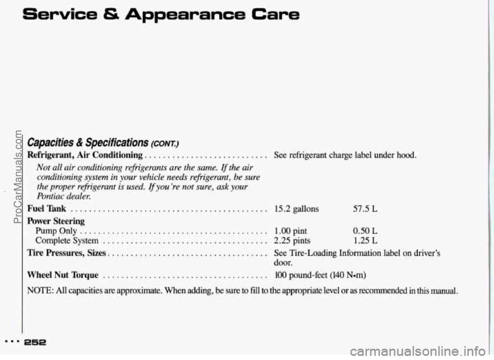 PONTIAC GRAND-AM 1993 Owners Manual Service & Appearance Care
Capacities & Specifications (CONT.:)
Refrigerant, Air Conditioning. .......................... See refrigerant charge label under hood.
Not all air conditioning r PONTIAC GRAND-AM 1993 Owners Manual Service & Appearance Care
Capacities & Specifications (CONT.:)
Refrigerant, Air Conditioning. .......................... See refrigerant charge label under hood.
Not all air conditioning r