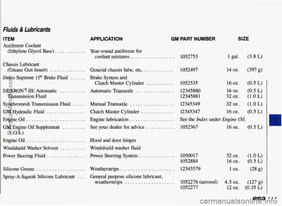 PONTIAC GRAND-AM 1993  Owners Manual Ftuids & Lubricants 
ITEM 
Antifreeze  Coolant (Ethylene  Glycol  Base) 
............ 
Chassis  Lubricant 
Delco  Supreme 
ll@ Brake  Fluid ...... 
DEXRONE IIE Automatic .......... 
Synchromesh  Trans