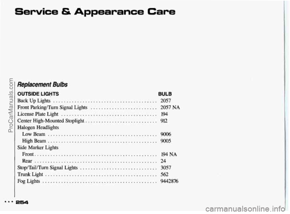 PONTIAC GRAND-AM 1993 Owners Manual Service & Appearance Care
Replacement Bulbs
OUTSIDE LIGHTS
Back Up Lights .......................................
Front Parking/Turn Signal Lights .........................
License Plate PONTIAC GRAND-AM 1993 Owners Manual Service & Appearance Care
Replacement Bulbs
OUTSIDE LIGHTS
Back Up Lights .......................................
Front Parking/Turn Signal Lights .........................
License Plate