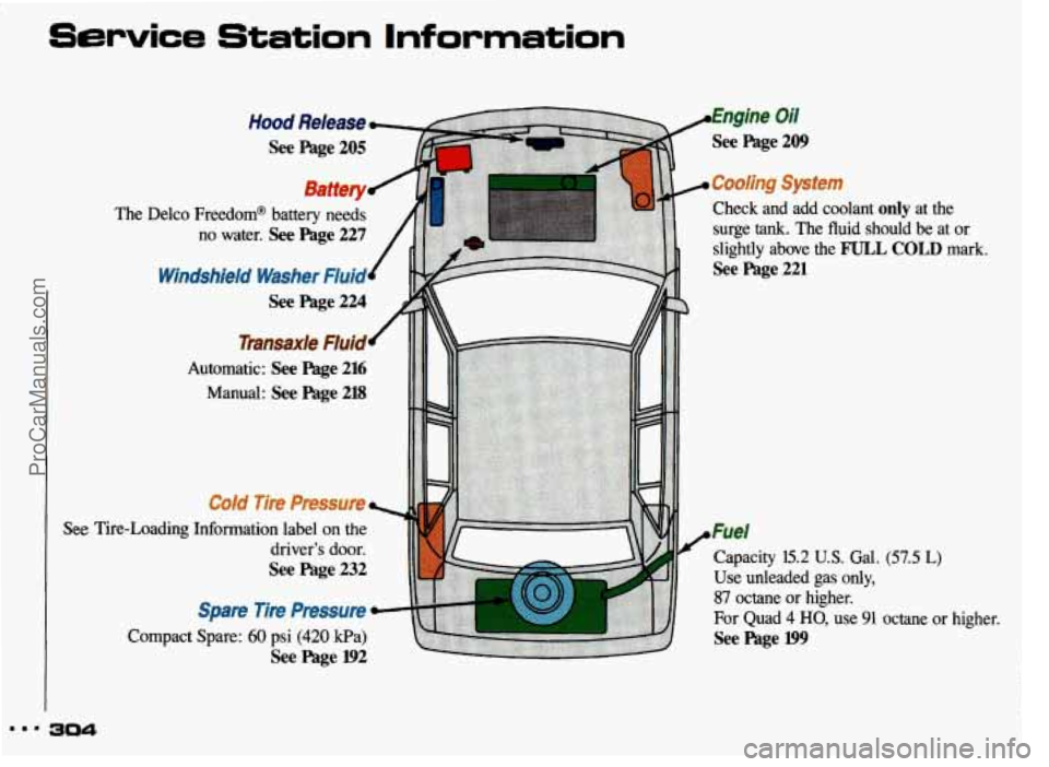 PONTIAC GRAND-AM 1993  Owners Manual Service Station Information 
1 
Hood  Release 
See Page  205 
B&t#3f/ 
he Delco  Freedom@  battery  needs 
no  water. 
See Page  227 
Windshield  Washer  Fluid 
See Page  224 
Automatic: See  Page 21