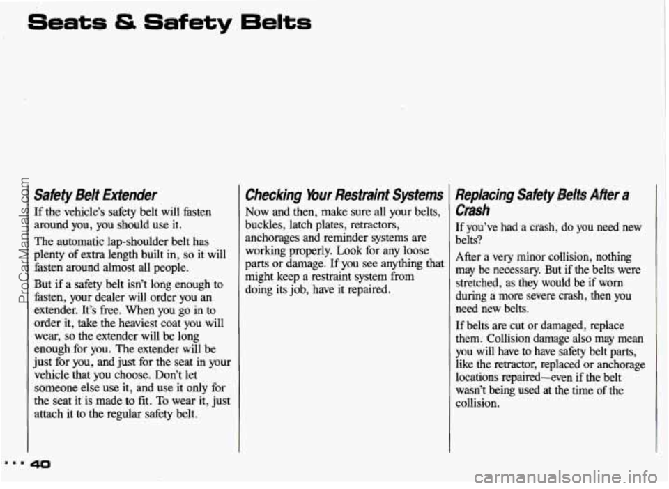 PONTIAC GRAND-AM 1993 Service Manual Seats & Safety 6elts
Sahty Belt Extender
If the vehicle’s safety belt will fasten
around you, you should use it.
The automatic lap-shoulder belt has
plenty of extra length buil PONTIAC GRAND-AM 1993 Service Manual Seats & Safety 6elts
Sahty Belt Extender
If the vehicle’s safety belt will fasten
around you, you should use it.
The automatic lap-shoulder belt has
plenty of extra length buil