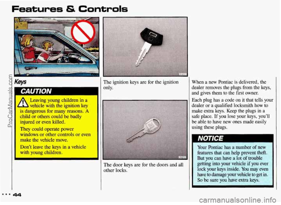PONTIAC GRAND-AM 1993 Service Manual Features & Controls
Keys
P
.~eaving young children in a‘
vehicle with the ignition key
is dangerous for many reasons. A
child or others could be badly
injured. or even killed.
They could op PONTIAC GRAND-AM 1993 Service Manual Features & Controls
Keys
P
.~eaving young children in a‘
vehicle with the ignition key
is dangerous for many reasons. A
child or others could be badly
injured. or even killed.
They could op