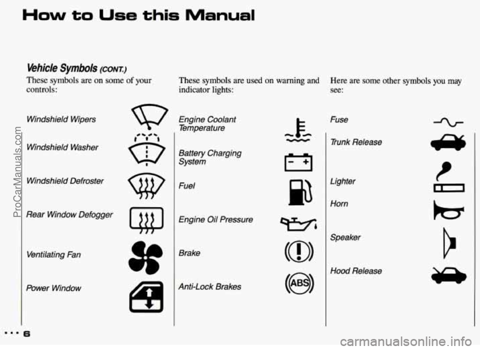 PONTIAC GRAND-AM 1993  Owners Manual How to Use this Manual 
Vehicle Symbols (CONT.:) 
These symbols  are on  some of your 
controls: 
Windshield  Wipers 
Windshield  Washer 
Windshield  Defroster 
Rear  Window  Defogger 
Ventilating  Fa
