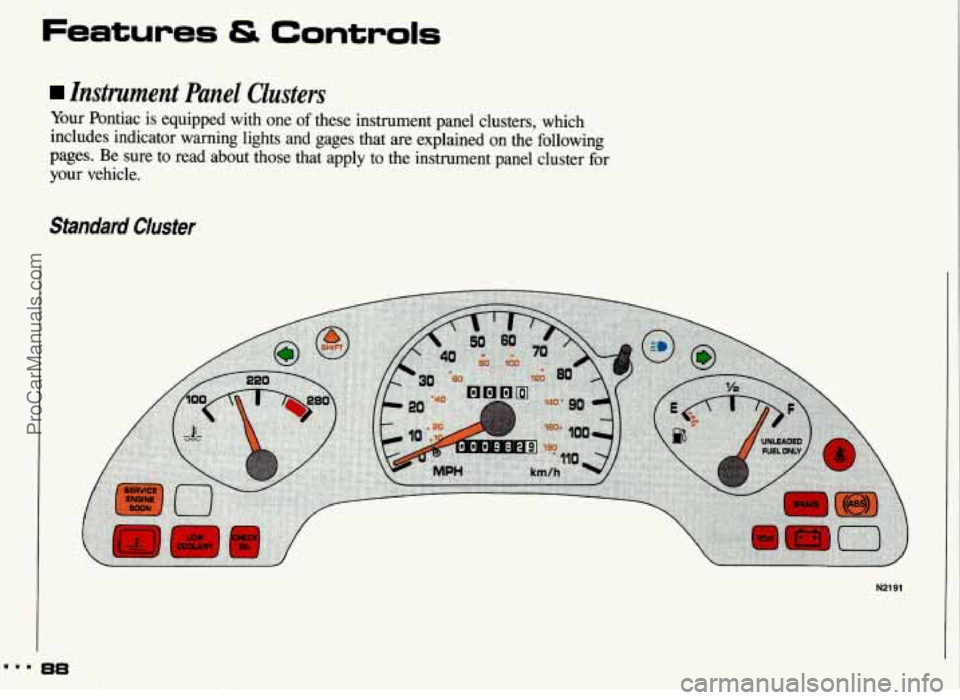 PONTIAC GRAND-AM 1993 Manual Online Features & Controls 
Instrument  Panel  Clusters 
Your  Pontiac is equipped  with  one of these  instrument  panel  clusters,  which 
includes  indicator  warning  lights  and  gages  that  are explai