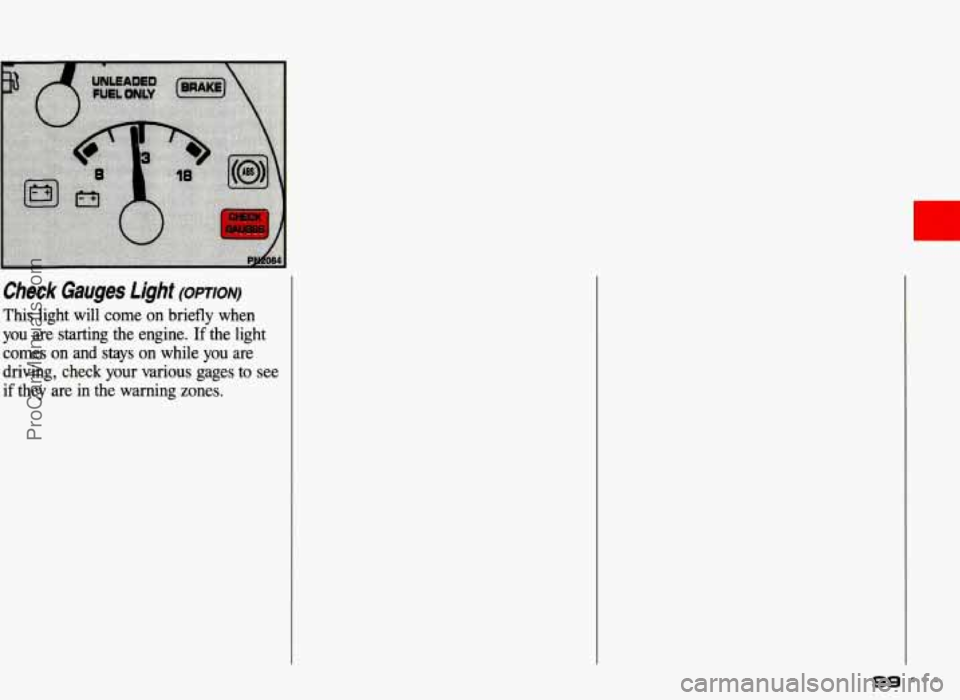 PONTIAC GRAND-AM 1993 Owners Manual . .. . ..
Check Gauges Light (opTIoN)
This light will come on briefly when
you are starting the engine. If the light
comes
on and stays on while you are
driving, check your various gage PONTIAC GRAND-AM 1993 Owners Manual . .. . ..
Check Gauges Light (opTIoN)
This light will come on briefly when
you are starting the engine. If the light
comes
on and stays on while you are
driving, check your various gage