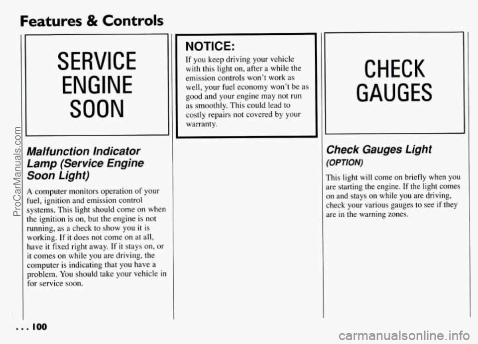 PONTIAC GRAND-AM 1994  Owners Manual Features & Controls 
SERVICE 
ENGINE 
SOON 
‘Malfunction  Indicator 
Lamp (Service  Engine 
Soon  Light) 
1 computer  monitors operation  of  your 
uel,  ignition  and emission  control 
,ystems.  T