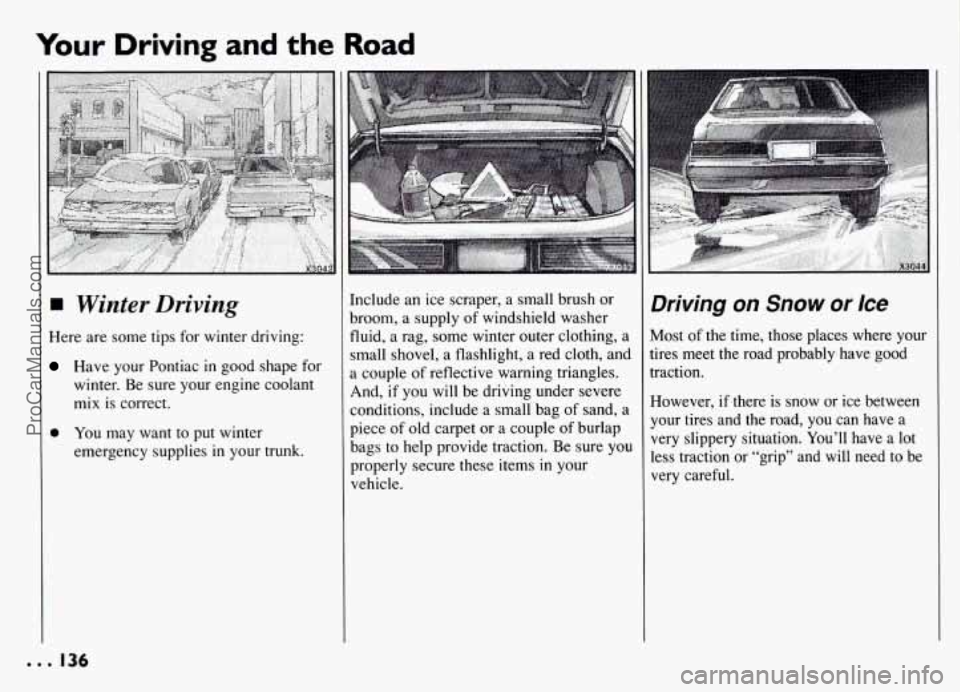 PONTIAC GRAND-AM 1994  Owners Manual Your Driving  and the Road 
Winter Driving 
Here are some  tips for winter  driving: 
Have your Pontiac in good shape for 
winter.  Be  sure your  engine coolant 
mix  is correct. 
0 You  may  want  t