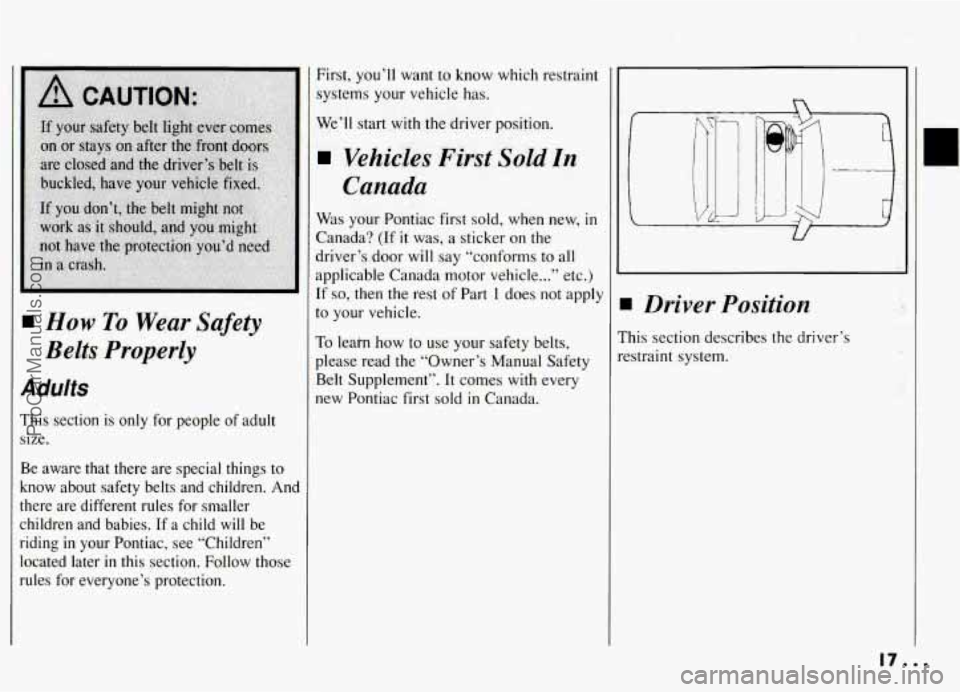 PONTIAC GRAND-AM 1994 User Guide 1 How To Wear Safety 
Belts Properly 
Idults 
his  section  is  only  for people  of adult 
ze. 
e  aware  that  there  are special  things  to 
now  about  safety  belts  and  children.  And 
lere  a