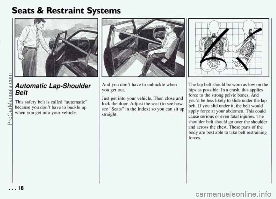 PONTIAC GRAND-AM 1994 User Guide Seats & Restraint Systems 
automatic  Lap-Shoulder 
3elt 
’his safety  belt  is  called “automatic” 
lecause  you  don’t have to buckle  up 
vhen you  get  into your  vehicle. 
P 
Y 
J1 
SI 
m