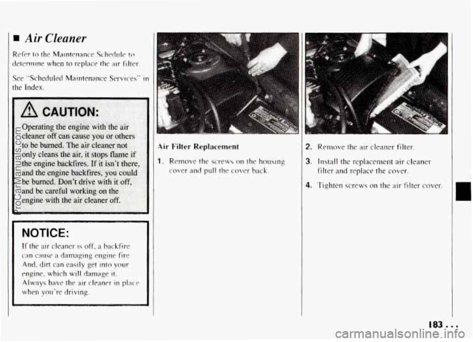 PONTIAC GRAND-AM 1994  Owners Manual Air Cleaner 
!der to the Maintenance  Schedule tn 
etemrne when to replace the 311- filter 
;ee “‘Scheduled  Maintenance  Services“  in 
?e Index.  ~  ~~ 
NOTICE: 
~  ~~~ 
If 
the  air  cleaner 