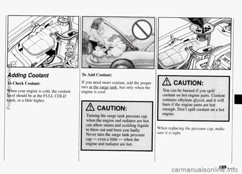 PONTIAC GRAND-AM 1994 Owners Manual Adding Coolant
To Check Coolant:
When your engine is cold, the coolant
level should be at the
FULL COLD
mark, or a little higher.
To Add Coolant:
If you need more coolant, add the p PONTIAC GRAND-AM 1994 Owners Manual Adding Coolant
To Check Coolant:
When your engine is cold, the coolant
level should be at the
FULL COLD
mark, or a little higher.
To Add Coolant:
If you need more coolant, add the p
