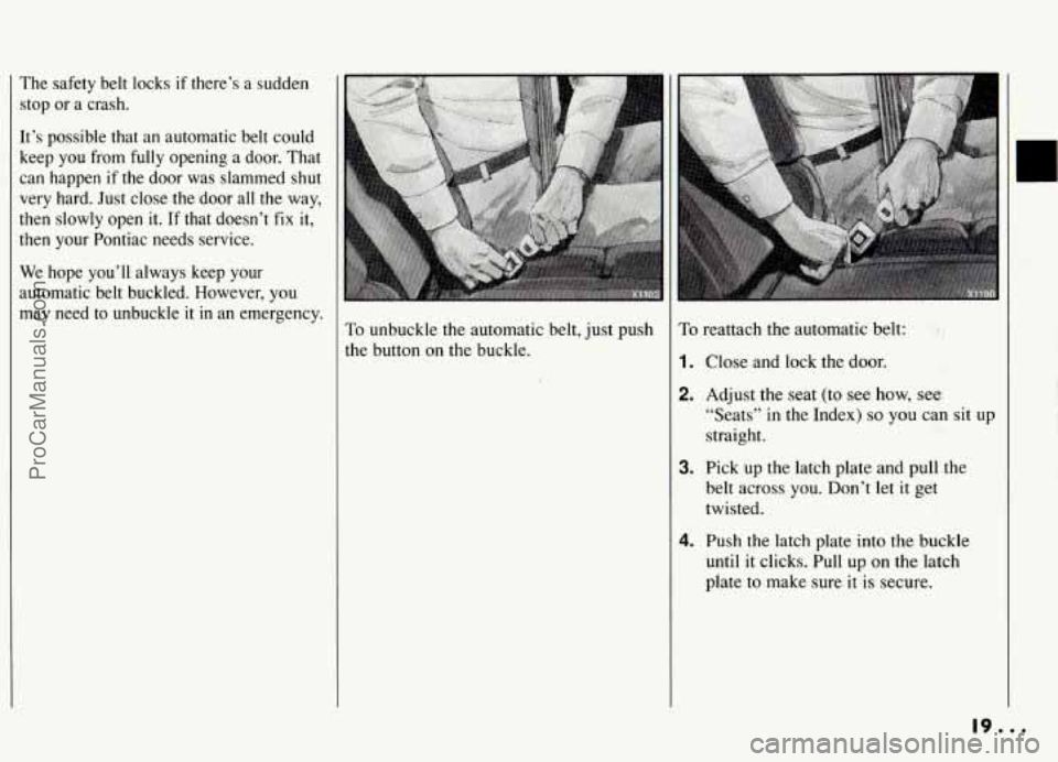 PONTIAC GRAND-AM 1994 User Guide The safety  belt  locks  if there’s  a sudden 
;top  or a  crash. 
[t’s  possible  that an automatic  belt could 
keep  you  from fully opening  a door.  That 
:an  happen 
if the door  was  slamm