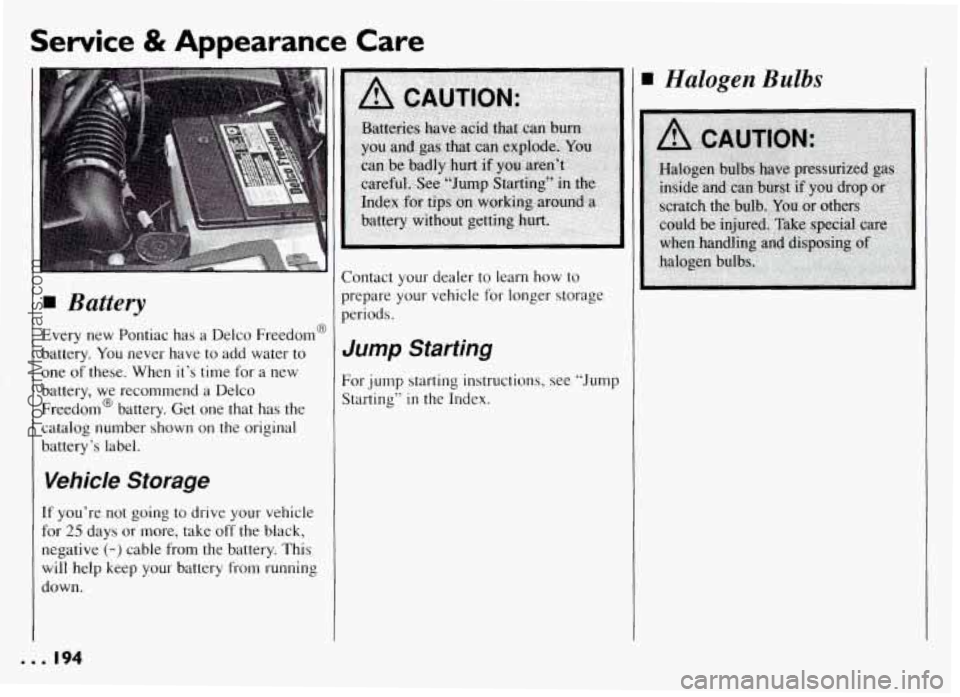 PONTIAC GRAND-AM 1994 Owners Manual Service & Appearance Care
Battery
Every new Pontiac has a Delco Freedom@
battery. You never have to add water to
one of these. When it’s time for a new
battery, we recommend a PONTIAC GRAND-AM 1994 Owners Manual Service & Appearance Care
Battery
Every new Pontiac has a Delco Freedom@
battery. You never have to add water to
one of these. When it’s time for a new
battery, we recommend a