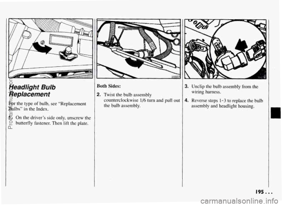 PONTIAC GRAND-AM 1994 Owners Manual Headlight Bulb
Replacement
For the type of bulb, see “Replacement
Bulbs”
in the Index.
1. On the driver’s side only, unscrew the
butterfly fastener. Then lift the plate.
Both Si PONTIAC GRAND-AM 1994 Owners Manual Headlight Bulb
Replacement
For the type of bulb, see “Replacement
Bulbs”
in the Index.
1. On the driver’s side only, unscrew the
butterfly fastener. Then lift the plate.
Both Si