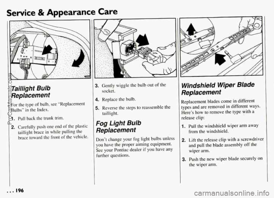 PONTIAC GRAND-AM 1994 Owners Manual Service & Appearance Care
Taillight Bulb
Replacement
For the type of bulb, see “Replacement
Bulbs” in the Index.
1. Pull back the trunk trim.
2. Carefully push one end of the plas PONTIAC GRAND-AM 1994 Owners Manual Service & Appearance Care
Taillight Bulb
Replacement
For the type of bulb, see “Replacement
Bulbs” in the Index.
1. Pull back the trunk trim.
2. Carefully push one end of the plas