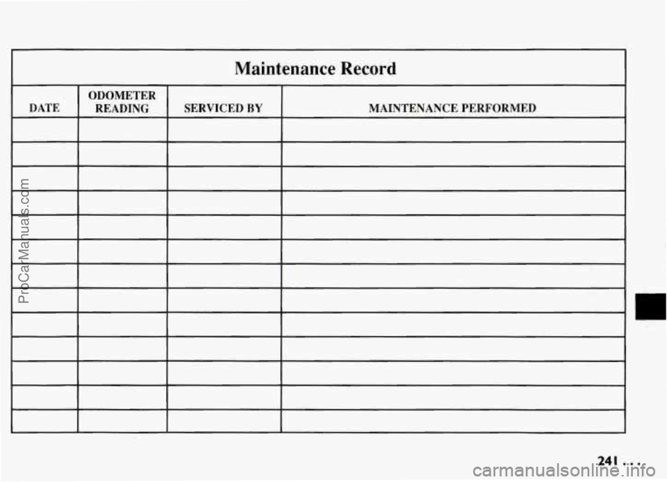PONTIAC GRAND-AM 1994  Owners Manual Maintenance  Record 
ODOMETER 
DATE MAINTENANCE  PERFORMED 
SERVICED BY READING 
241 ... 
ProCarManuals.com 