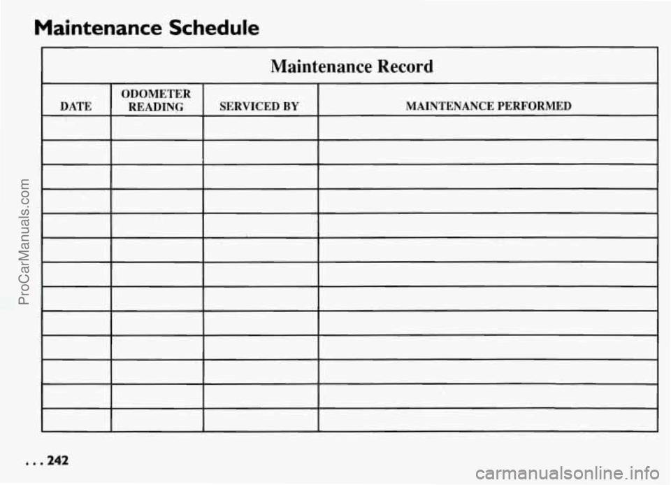 PONTIAC GRAND-AM 1994  Owners Manual Maintenance  Schedule 
Maintenance Record 
ODOMETER 
DATE MAINTENANCE PERFORMED 
SERVICED BY READING 
. .. . I. . , . .,. . ~ . . ,TL ,_l .. -. ,.-- - .~..II a_- . ._ 
. . .242 
ProCarManuals.com 