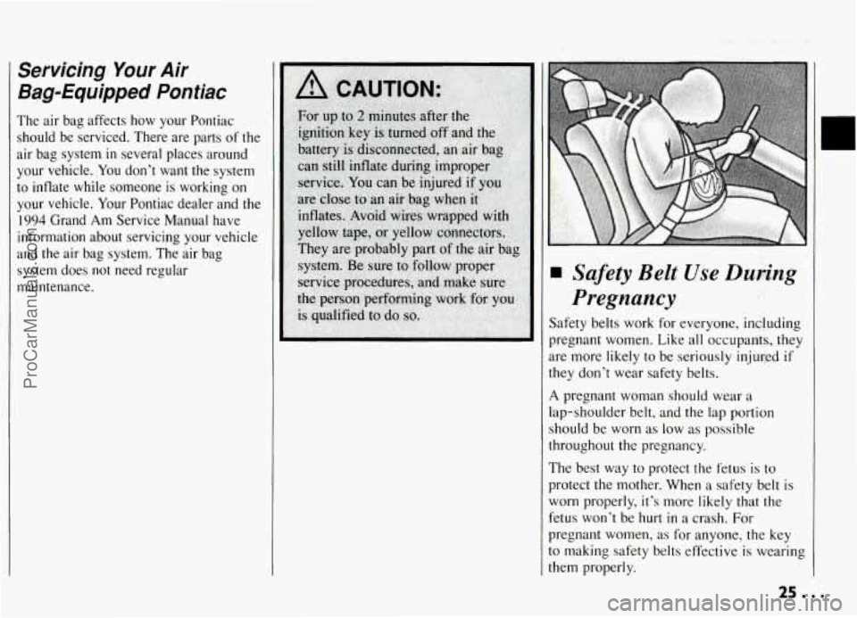 PONTIAC GRAND-AM 1994 Owners Manual Servicing Your Air 
Bag-Equipped  Pontiac 
The air bag affects  how  your  Pontiac 
should  be  serviced. There are parts  of  the 
air  bag  system 
in several  places  around 
your  vehicle. 
.You d