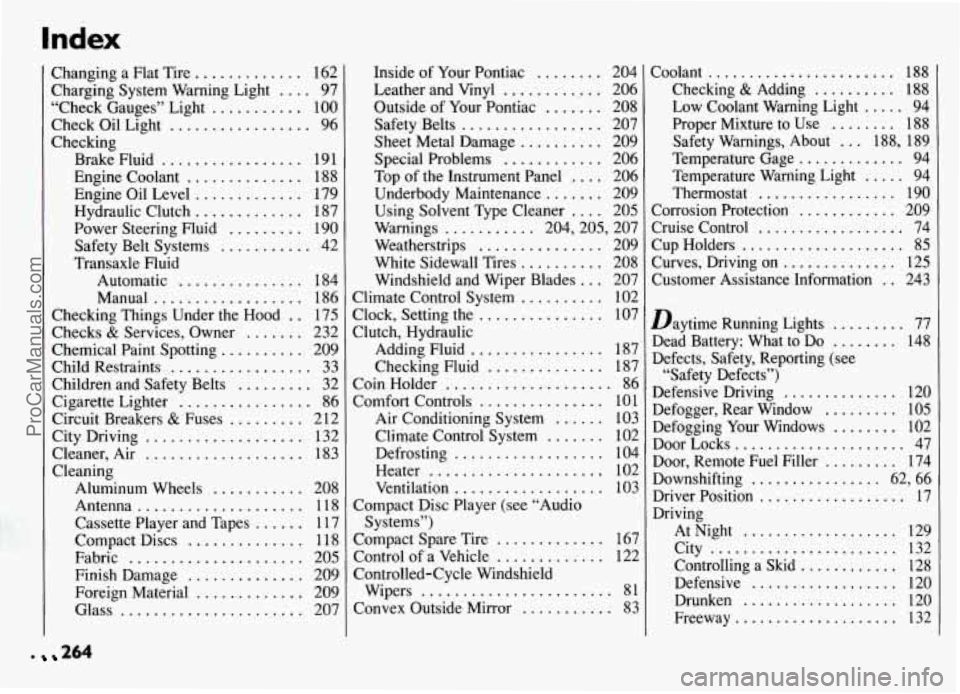 PONTIAC GRAND-AM 1994  Owners Manual Index 
Changing a Flat Tire ............. 162 
“Check  Gauges”  Light 
........... 100 
Check Oil  Light ................. 96 
Engine Coolant .............. 188 
Engine  Oil Level 
............. 1