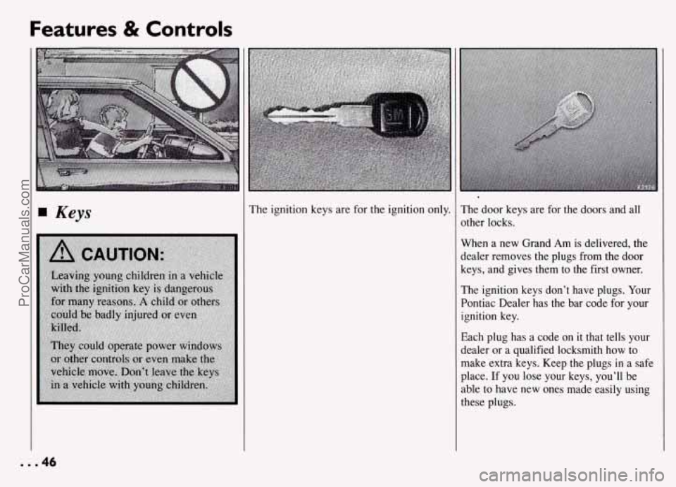 PONTIAC GRAND-AM 1994 Service Manual Features & Controls
Keys
.46
The ignition keys are for the ignition only. The door keys are for the doors and all’
other locks.
When a new Grand Am is delivered, the
dealer rem PONTIAC GRAND-AM 1994 Service Manual Features & Controls
Keys
.46
The ignition keys are for the ignition only. The door keys are for the doors and all’
other locks.
When a new Grand Am is delivered, the
dealer rem