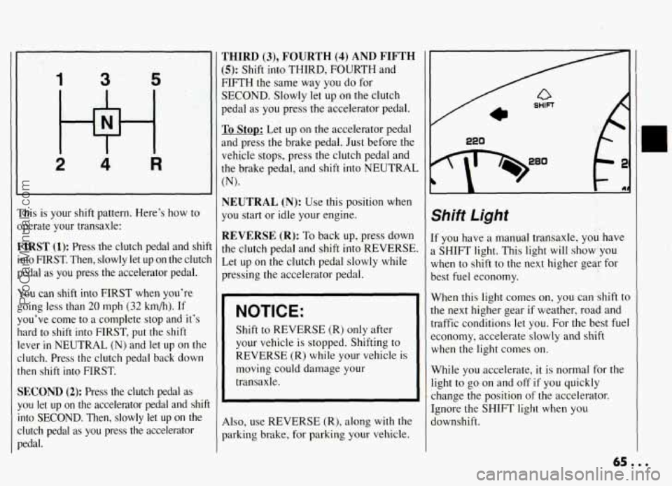PONTIAC GRAND-AM 1994 Repair Manual 1 3 5 
2 4 R 
C 
E 
il 
F 
4 
h 
II 
t 
C 
4 
I1 
C 
F 
his  is  your shift pattern.  Heres  how to 
bperate  your  transaxle: 
rIRST (1): Press  the  clutch  pedal  and  shi 
nto  FIRST.  Then,  s