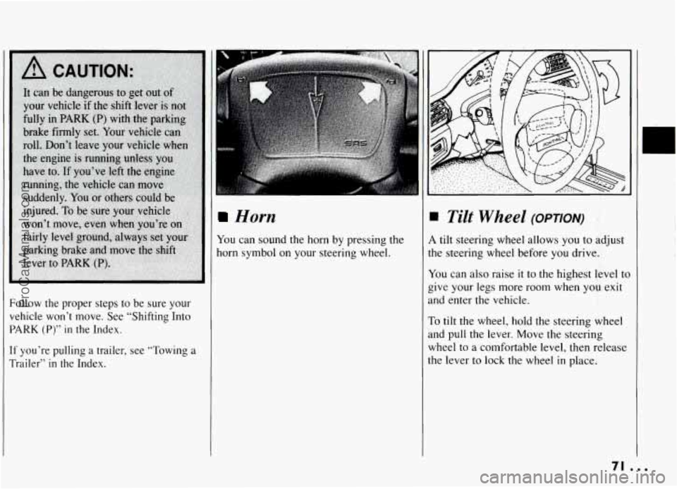 PONTIAC GRAND-AM 1994 Manual PDF Follow  the  proper steps to be sure  your 
vehicle  won’t  move.  See  “Shifting  Into 
PARK (P)” in the Index. 
If you’re  pulling  a trailer,  see “Towing  a 
Trailer” 
in the  Index. 
