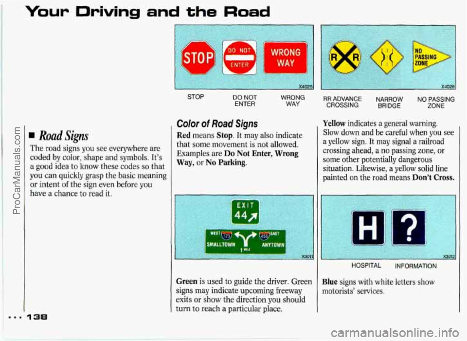 PONTIAC GRAND-PRIX 1993 Owners Manual I..
Your Driving and the Road
Roadsigns
The road signs you see everywhere are
coded
by color, shape and symbols. It’s
a good idea to know these codes so that
you can quickly grasp th PONTIAC GRAND-PRIX 1993 Owners Manual I..
Your Driving and the Road
Roadsigns
The road signs you see everywhere are
coded
by color, shape and symbols. It’s
a good idea to know these codes so that
you can quickly grasp th