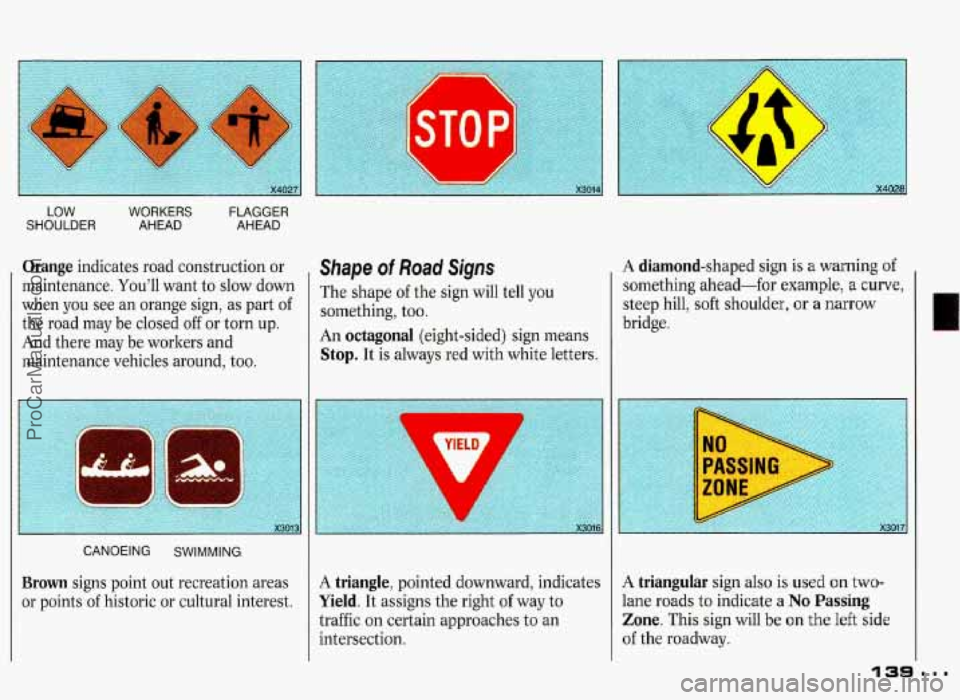 PONTIAC GRAND-PRIX 1993  Owners Manual STOP] 
LOW SHOULDER WORKERS AHEAD FLAGGER AHEAD 
Orange indicates  road  construction or 
maintenance.  Youll  want to slow down 
when  you  see  an orange  sign,  as part 
of 
the road  may  be  clo