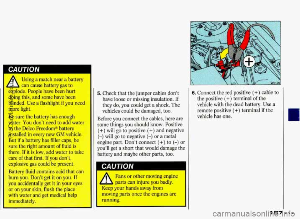 PONTIAC GRAND-PRIX 1993 Owners Manual A Using a match near a battery I
I can cause battery ga
explode. People have been nurI
doing this, and some have been
blinded. Use a flashlight
if vou nccL
more light.
Be sure t PONTIAC GRAND-PRIX 1993 Owners Manual A Using a match near a battery I
I can cause battery ga
explode. People have been nurI
doing this, and some have been
blinded. Use a flashlight
if vou nccL
more light.
Be sure t