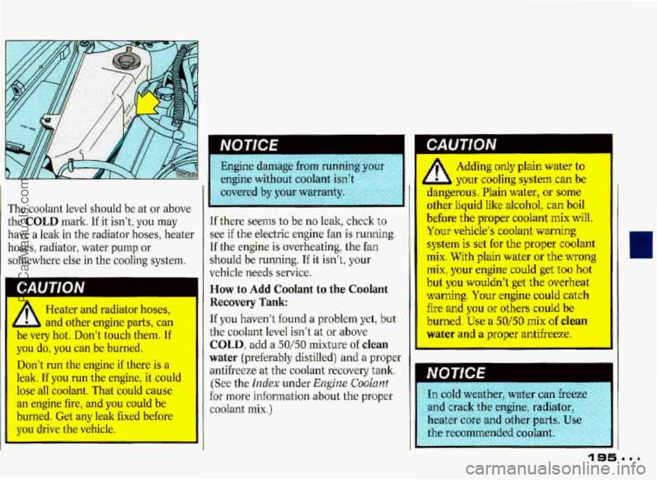 PONTIAC GRAND-PRIX 1993  Owners Manual The  coolant  level  should  be at or  above 
the 
COLD mark. If it  isn’t,  you  may 
have  a leak  in  the radiator  hoses, heater 
hoses,  radiator,  water  pump  or 
somewhere  else  in  the coo