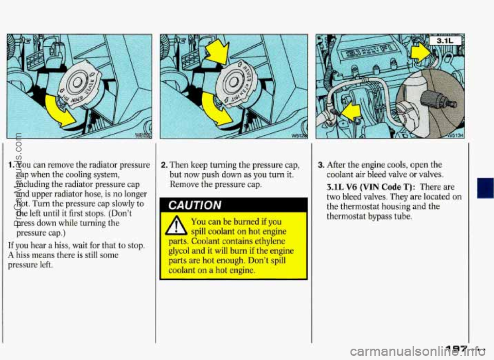 PONTIAC GRAND-PRIX 1993 Owners Manual 1. You can remove the radiator pressure
cap when the cooling system,
including the radiator pressure cap
and upper radiator hose, is
no longer
hot. Turn the pressure cap slowly t PONTIAC GRAND-PRIX 1993 Owners Manual 1. You can remove the radiator pressure
cap when the cooling system,
including the radiator pressure cap
and upper radiator hose, is
no longer
hot. Turn the pressure cap slowly t