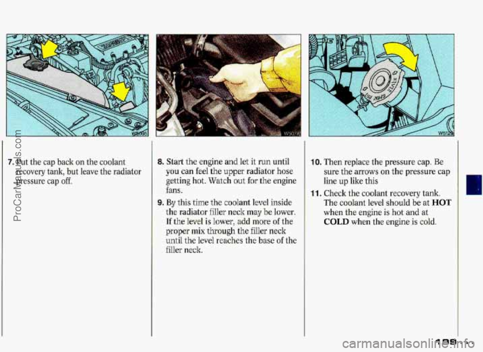 PONTIAC GRAND-PRIX 1993 Owners Manual 7. Put the cap back on the coolant 8. Start the engine and let it run until
recovery tank, but leave the radiator
you can feel the upper radiator hose
pressure cap off. getting hot.
PONTIAC GRAND-PRIX 1993 Owners Manual 7. Put the cap back on the coolant 8. Start the engine and let it run until
recovery tank, but leave the radiator
you can feel the upper radiator hose
pressure cap off. getting hot.